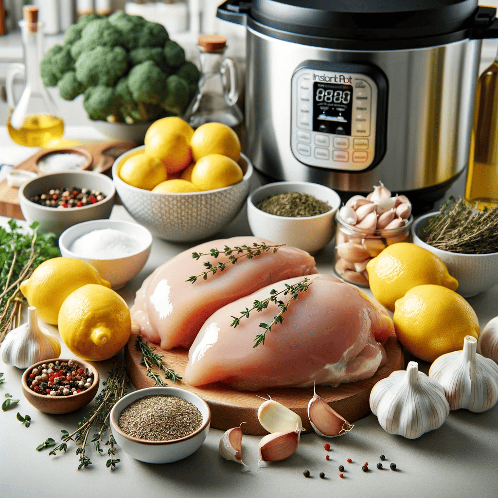 Ingredients for Ultimate Instant Pot Lemon-Garlic Infusion Chicken recipe arranged on a kitchen countertop. The setup includes fresh chicken breasts, lemons, garlic cloves, herbs like thyme and rosemary, salt, pepper, and olive oil. The ingredients are displayed in a clean, well-lit kitchen setting, emphasizing freshness and quality, ready for cooking.