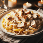 A plated Chicken Alfredo Pasta dish showing tender fettuccine pasta coated in a creamy Alfredo sauce, topped with pieces of chicken breast. The dish is garnished with grated Parmesan cheese and ground black pepper, served on a white plate. The plate is on a dining table with warm lighting.