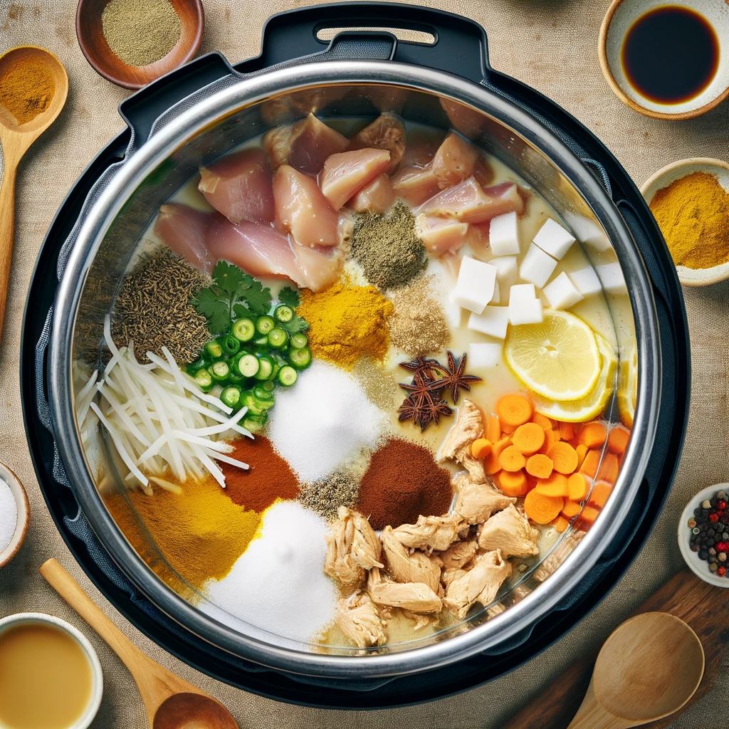 The second image captures the moment when all the soup ingredients, including coconut milk, chicken broth, and an array of spices, are combined in the Instant Pot with the sautéed chicken, ready for pressure cooking.