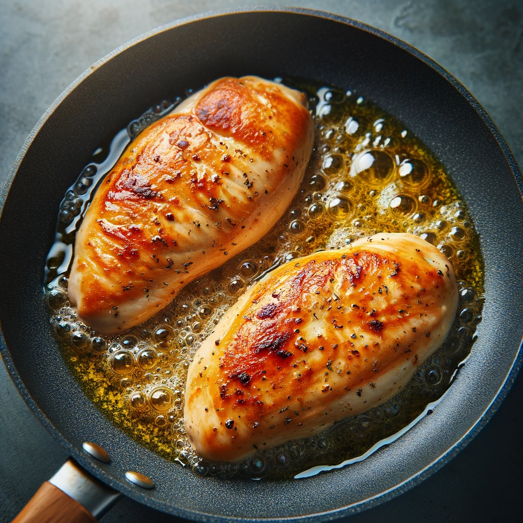 Cooking chicken breasts in a skillet over medium-high heat, showing them getting golden brown.