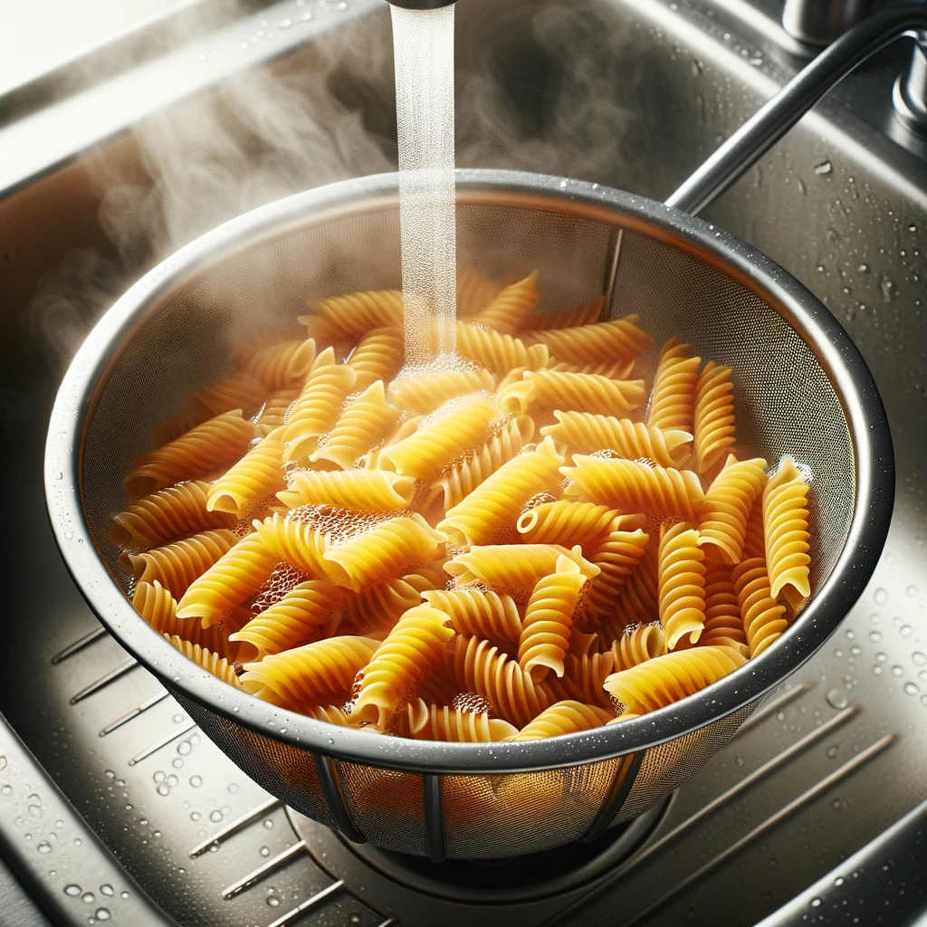A close-up view of perfectly cooked pasta being drained in a colander in the sink, showcasing the glossy and separate strands, demonstrating the outcome of properly cooked pasta that doesn't stick together.