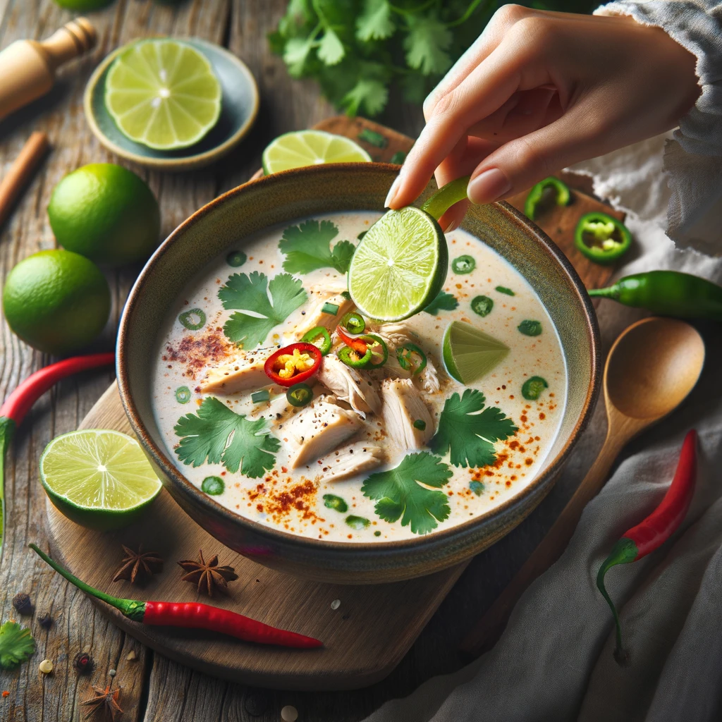 The final image presents the completed Coconut Chicken Soup being garnished with fresh cilantro, lime wedges, and sliced chili, highlighting the vibrant colors and creamy texture of the finished dish, ready to be enjoyed.