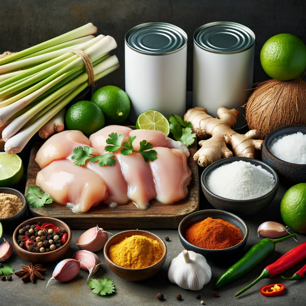 The second image captures all the fresh ingredients laid out before cooking, including coconut milk, chicken, lemongrass, ginger, garlic, lime, cilantro, chili peppers, and a blend of spices, ready to be transformed into the delicious soup in your Instant Pot.