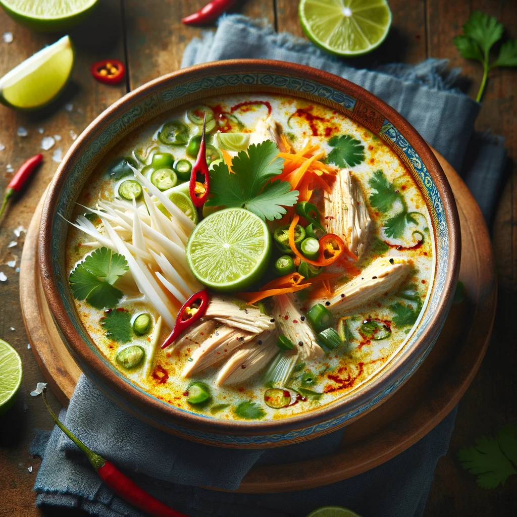 The first image showcases the finished dish of Coconut Chicken Soup, presenting a vibrant and inviting bowl filled with creamy coconut milk, tender chicken pieces, and a colorful assortment of herbs and spices, beautifully garnished to invite a taste of the tropics.