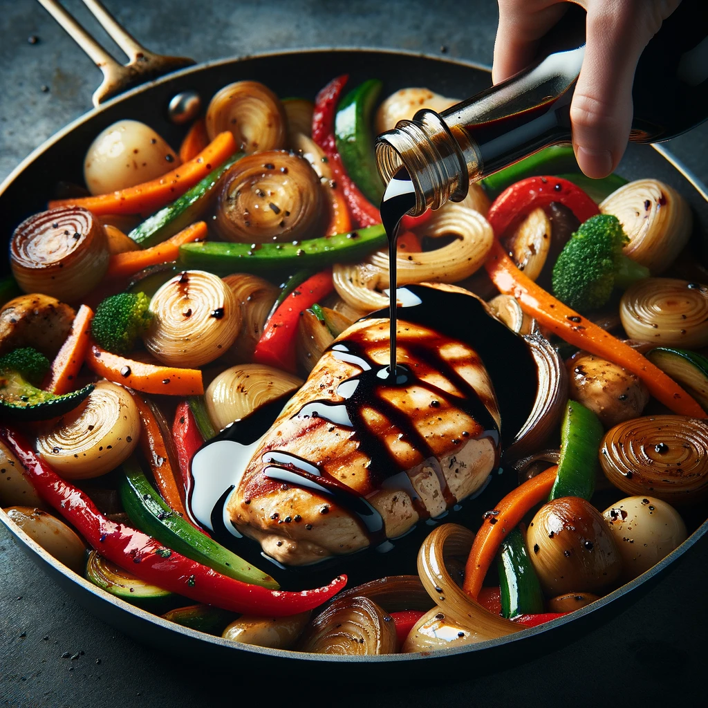 Pouring balsamic vinegar over chicken and vegetables in a skillet, highlighting the addition of the glaze for enhanced flavors.
