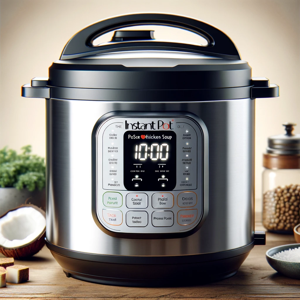 The third image shows the Instant Pot sealed and set to Pressure Cook mode, with a digital display indicating the countdown, symbolizing the soup's cooking process under pressure to infuse flavors and tenderize the chicken.