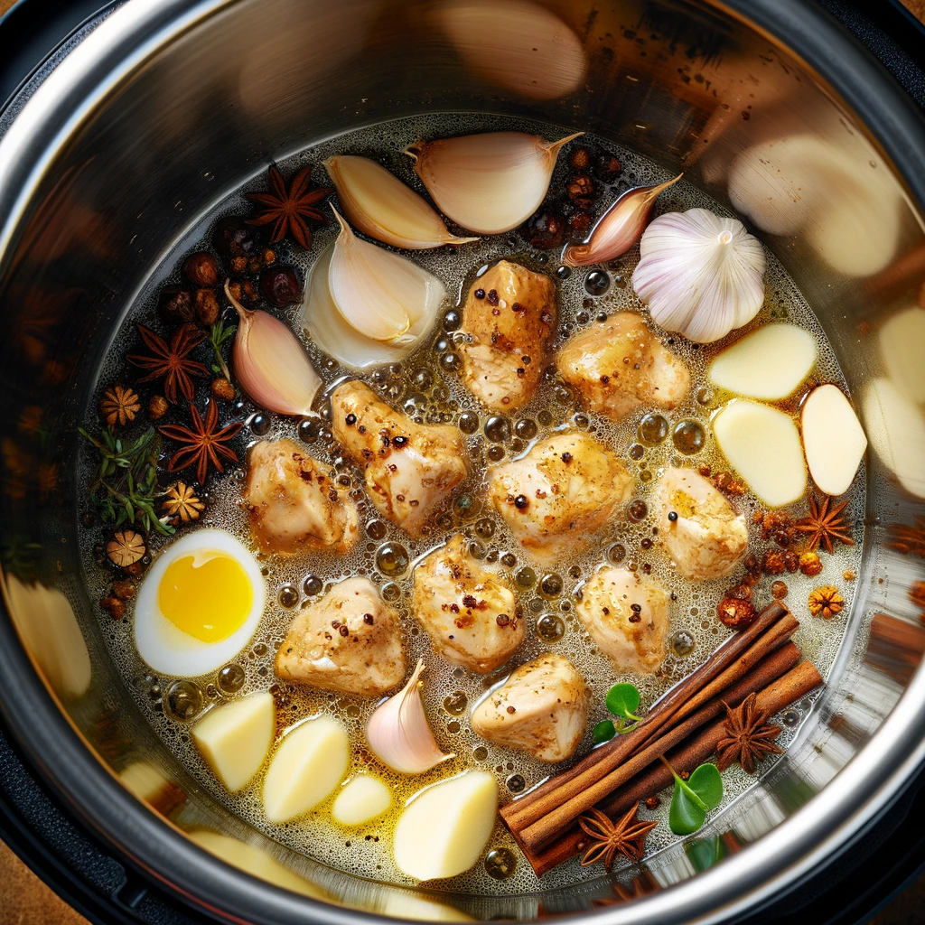 The first image illustrates coconut oil melting in the Instant Pot with chicken pieces being sautéed until lightly browned, surrounded by aromatic spices like garlic, ginger, and lemongrass, setting the foundation for the soup's rich flavors.