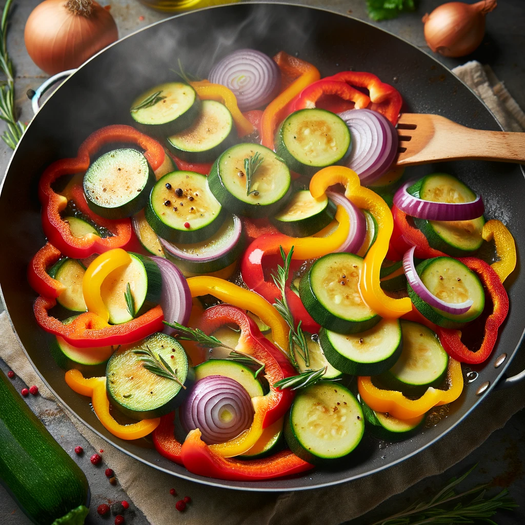 Sautéing sliced red and yellow bell peppers, zucchini, and red onion in a skillet with olive oil.