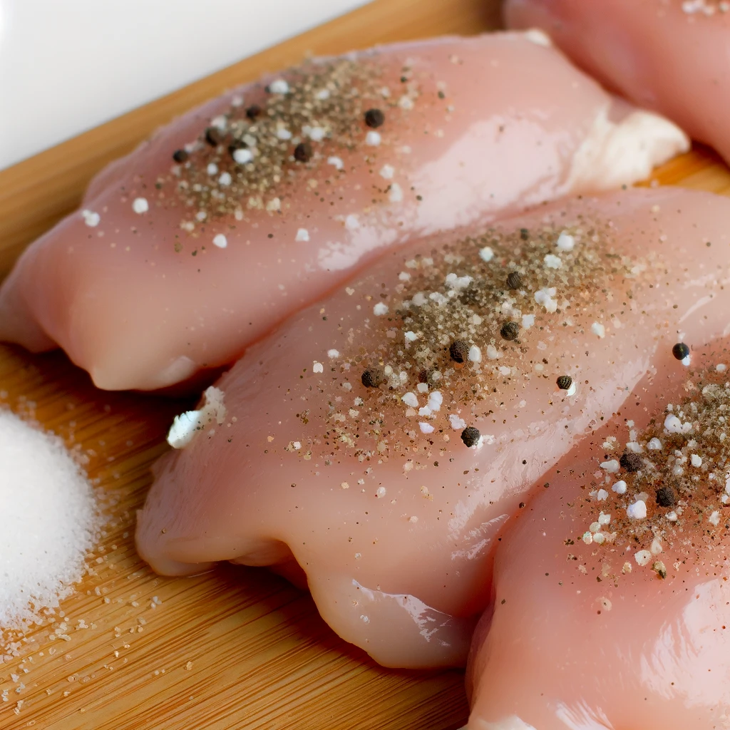 Seasoning chicken breasts with salt and pepper on a cutting board, ready for cooking.