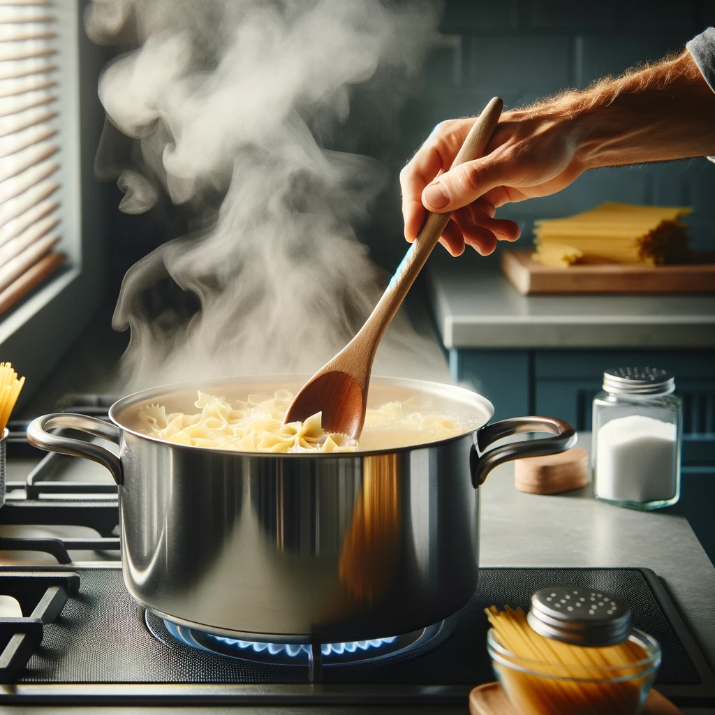 A large pot of boiling water on a stove, with a hand stirring pasta using a wooden spoon. This image captures the initial step of adding pasta to boiling water and the importance of stirring to prevent sticking.