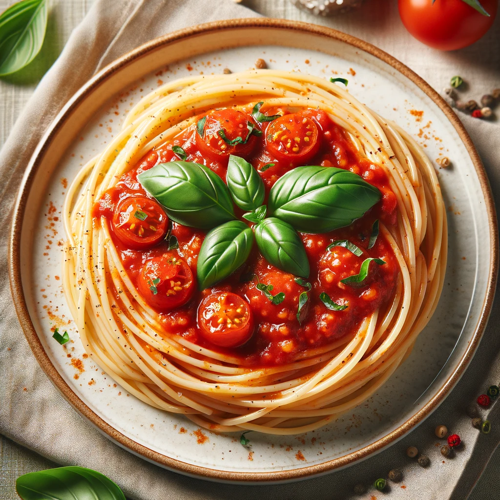 A beautifully plated spaghetti dish with tomato sauce, garnished with fresh basil leaves. The pasta is evenly coated with sauce, highlighting the ideal result of pasta cooking where the noodles are separate and perfectly combined with the sauce.